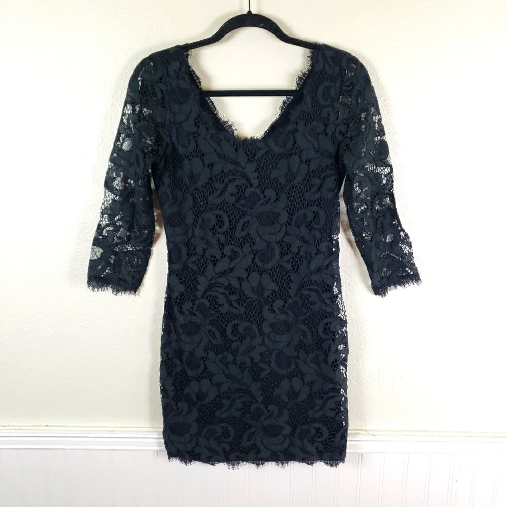 Women's Diane Von Furstenberg Black 3/4 Sleeve Lace Overlay Short Dress Sz 04